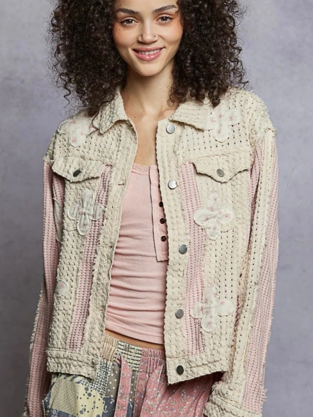 POL Cream and Pink Textured Patchwork Jean Jacket